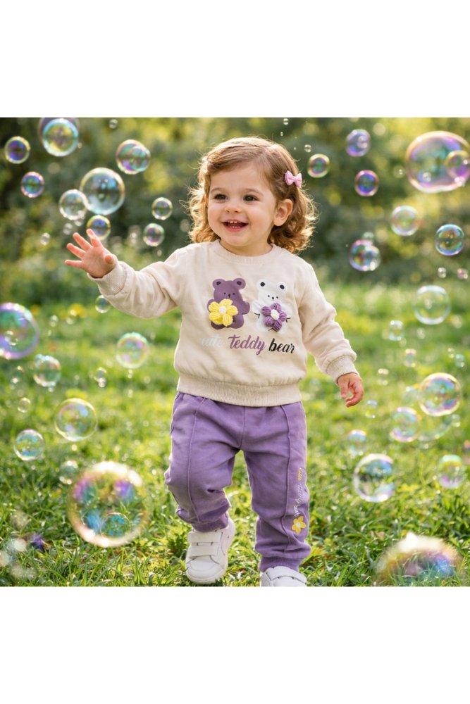 Kız Bebek-Çocuk 3 D Örgü Çiçek Detaylı Sweetshirt ve Pantolon 2'li Takım 9-18 Ay
