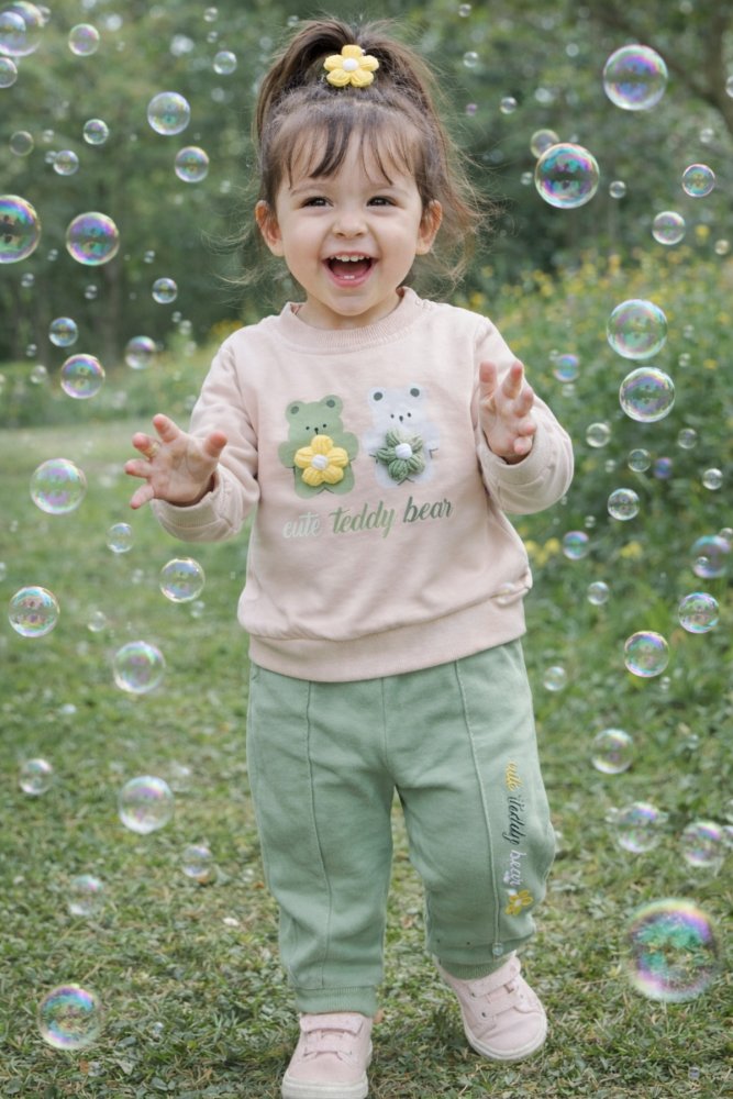 Kız Bebek-Çocuk 3 D Örgü Çiçek Detaylı Sweetshirt ve Pantolon 2'li Takım 9-18 Ay