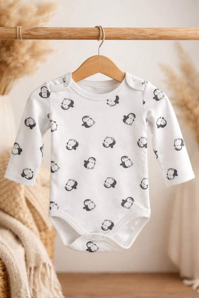 %100 Pamuk Unisex Uzun Kollu Penguen Desenli Çıtçıtlı Yenidoğan Bebek Zıbın 0-9 Ay