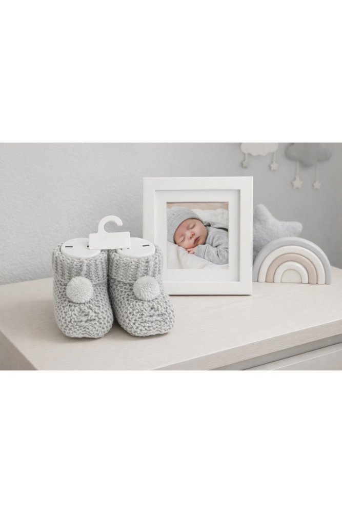 Triko Ponponlu Bej Bebek Patik 0-6 Ay