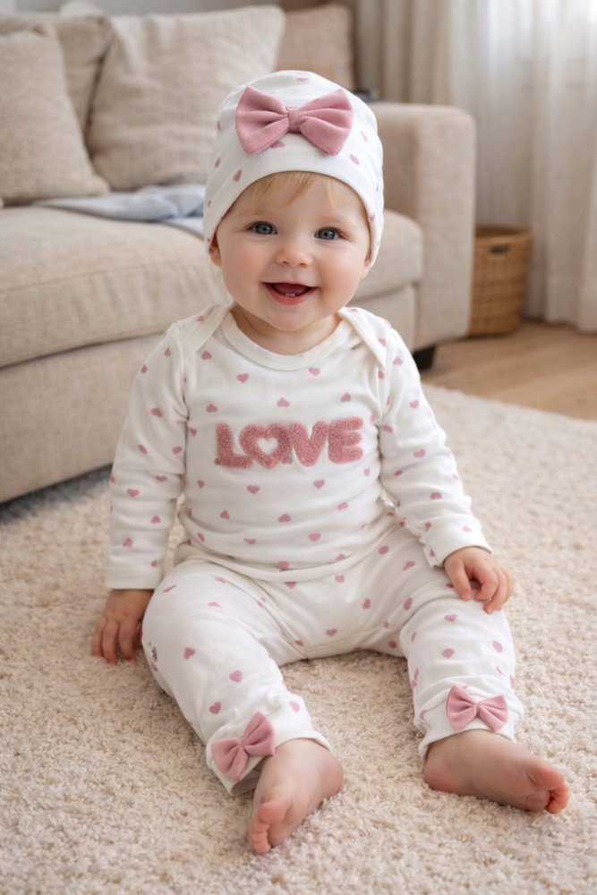 Kız Bebek Love Süzene Nakışlı %100 Pamuk 3'lü Takım Body-Pantolon-Bere