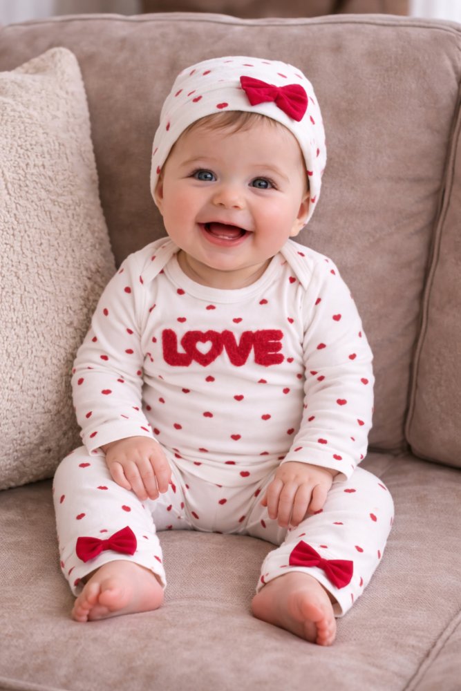 Kız Bebek Love Süzene Nakışlı %100 Pamuk 3'lü Takım Body-Pantolon-Bere