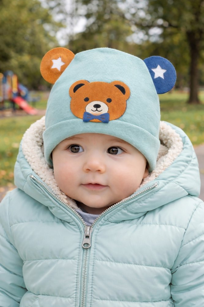 Erkek Bebek Kulaklı Ayı Temalı Bej Pamuklu Bere