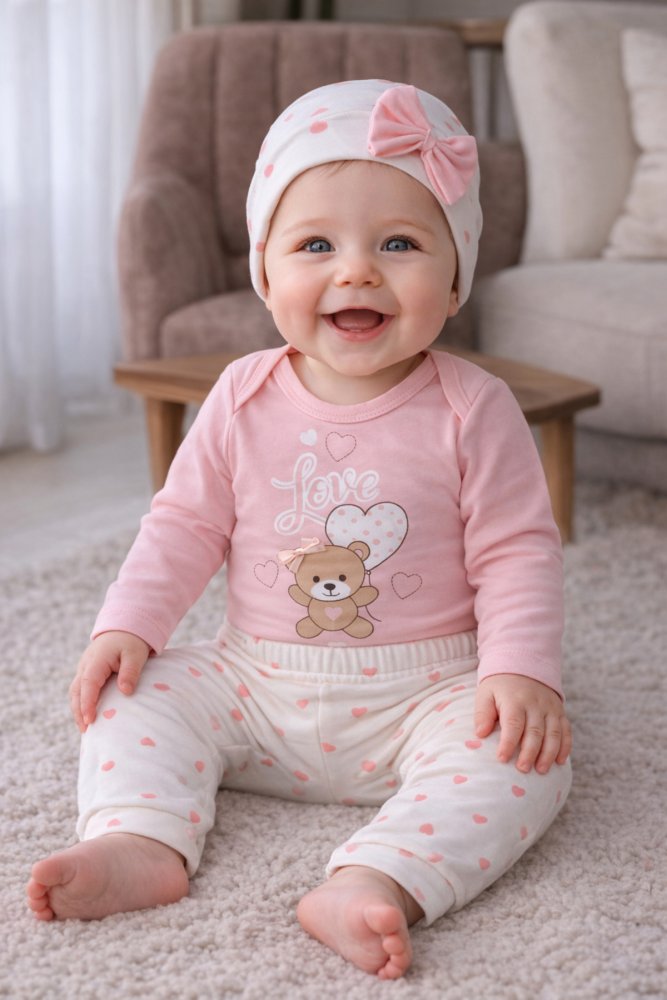 Kalpli Fiyonklu Ayıcık Kız Bebek Mevsimlik Pembe 3'lü Takım Body-Pantolon- Bere