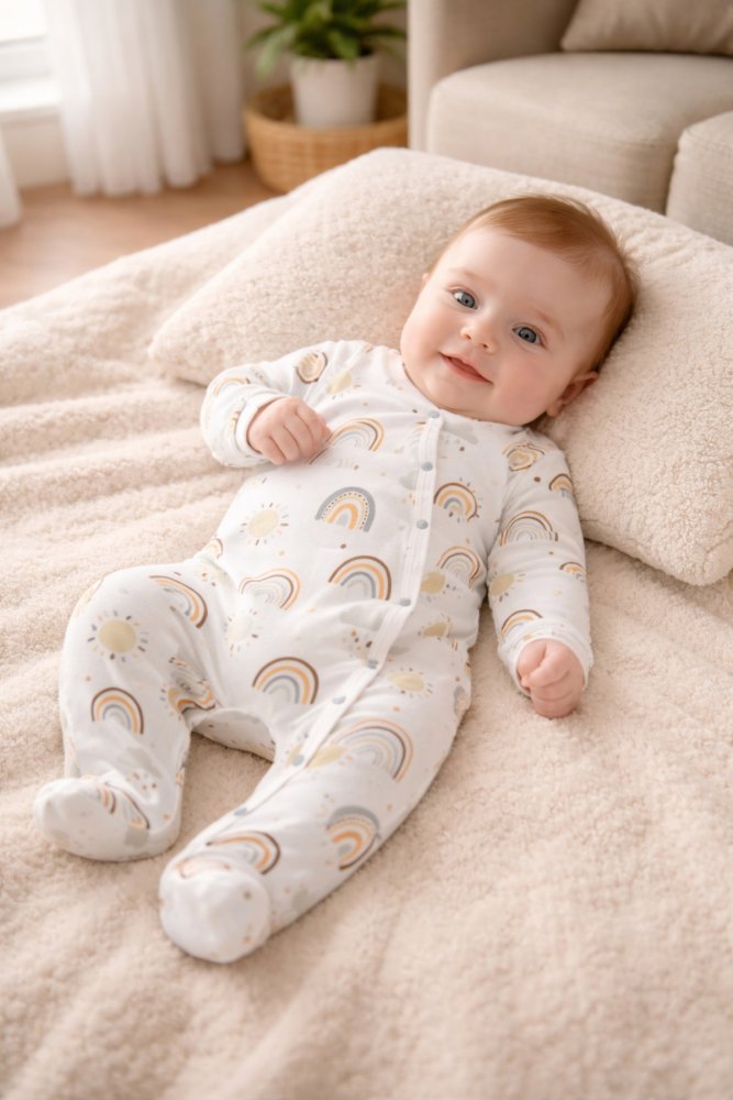 Organik Gökkuşağı Figürlü Unisex Yenidoğan Bebek Tulum