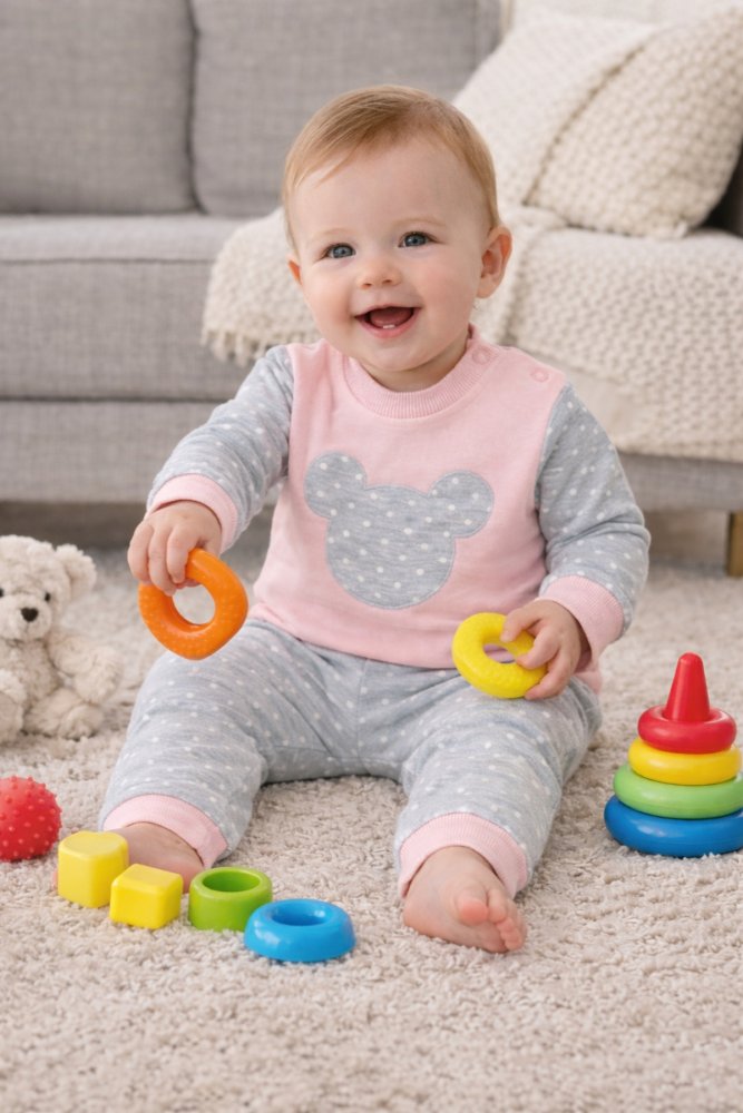 Kız Bebek Mikili Pembe %100 Pamuklu 2'li Takım