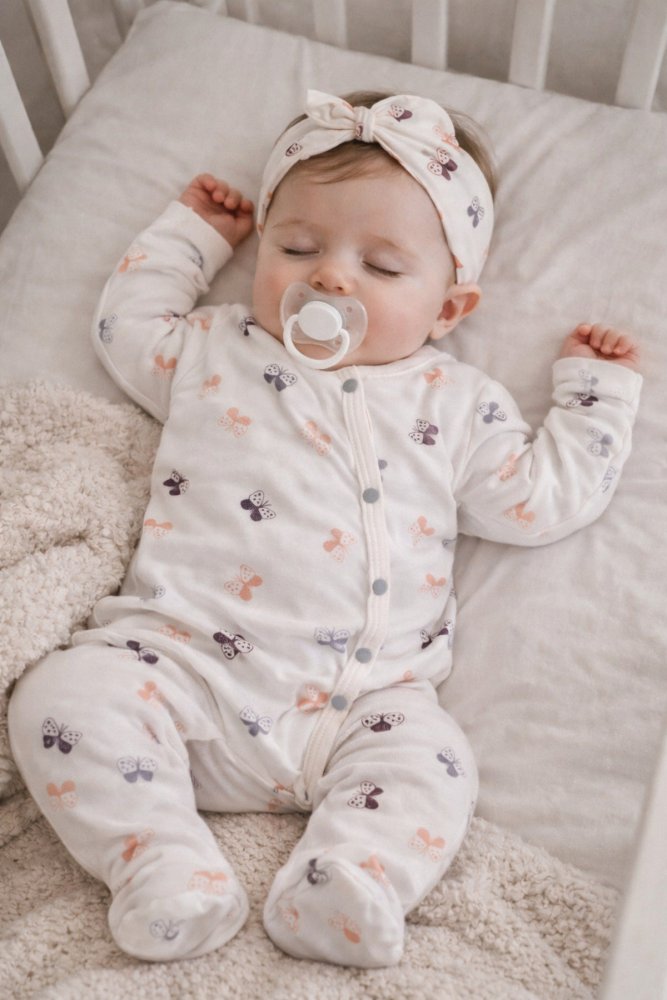 Organik Kelebek Figürlü Bandanalı Kız Bebek Patikli Yenidoğan Tulum